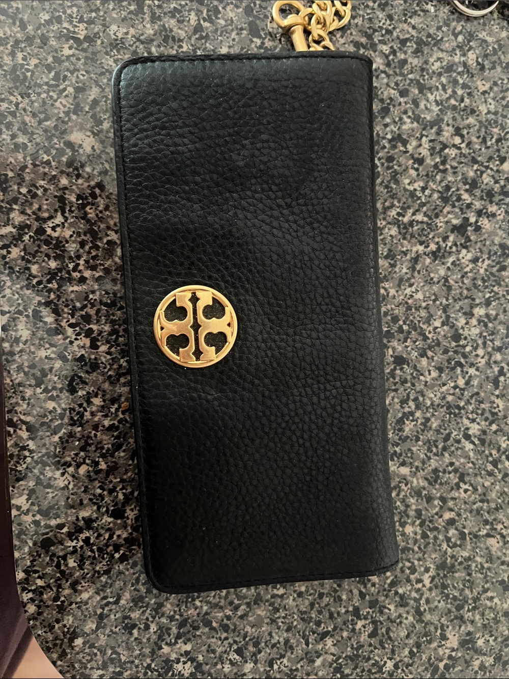Tory Burch Black Pebbled Leather Phone Wallet with Gold Logo Charm